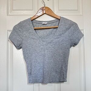 Gray V-Neck Ribbed Women's Top